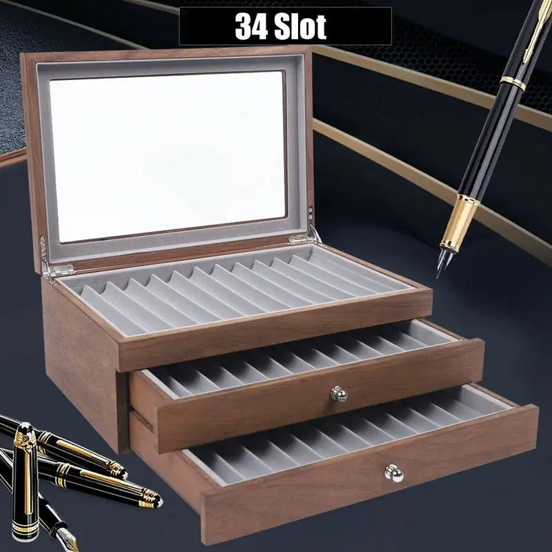 Homixy Cabinet Walnut 34-Slot Pen Display Case — Homixy Modern Desks & Workspace Accessories