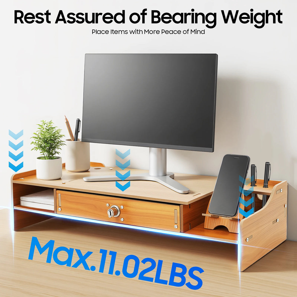 Homixy Notch Wood Monitor Riser with Drawer — Homixy Modern Desks & Workspace Accessories — view 2