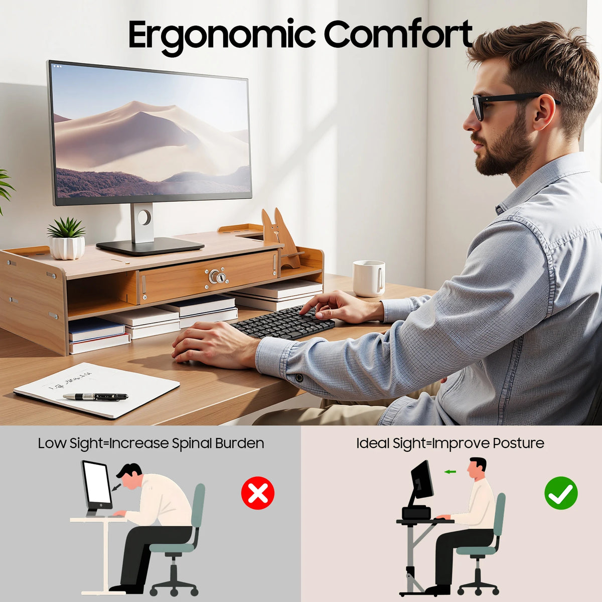 Homixy Notch Wood Monitor Riser with Drawer — Homixy Modern Desks & Workspace Accessories